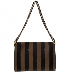 Pre Owned Fendi Tobacco Canvas Large Pequin Stripe Claudia Shoulder Bag