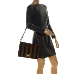 Pre Owned Fendi Tobacco Canvas Large Pequin Stripe Claudia Shoulder Bag