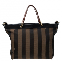 Pre Owned Fendi Tobacco Pequin Striped Canvas and Leather Large Tote