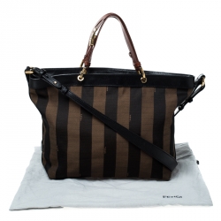 Pre Owned Fendi Tobacco Pequin Striped Canvas and Leather Large Tote