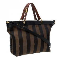 Pre Owned Fendi Tobacco Pequin Striped Canvas and Leather Large Tote