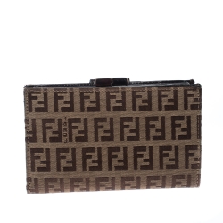 Pre Owned Fendi Zucchino Canvas and Leather Kiss Lock Compact Wallet