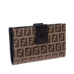 Pre Owned Fendi Zucchino Canvas and Leather Kiss Lock Compact Wallet