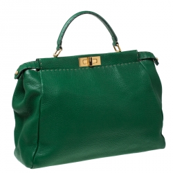 Pre Owned Fendi Green Selleria Leather Large Peekaboo Top Handle Bag