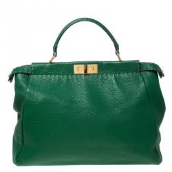 Pre Owned Fendi Green Selleria Leather Large Peekaboo Top Handle Bag