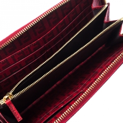 Pre Owned Fendi Red Zucchino Coated Canvas Zip Around Wallet 