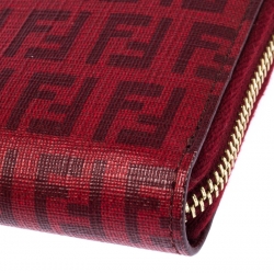 Pre Owned Fendi Red Zucchino Coated Canvas Zip Around Wallet 