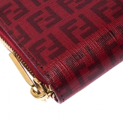 Pre Owned Fendi Red Zucchino Coated Canvas Zip Around Wallet 
