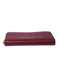 Pre Owned Fendi Red Zucchino Coated Canvas Zip Around Wallet 