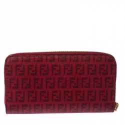 Pre Owned Fendi Red Zucchino Coated Canvas Zip Around Wallet 