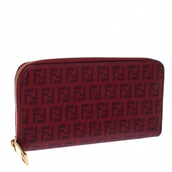 Pre Owned Fendi Red Zucchino Coated Canvas Zip Around Wallet 