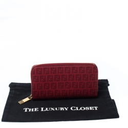 Pre Owned Fendi Red Zucchino Coated Canvas Zip Around Wallet 