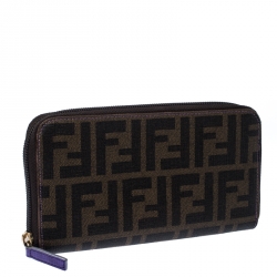 Pre Owned Fendi Tobacco Zucca Coated Canvas Zip Around Wallet 