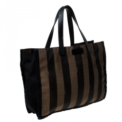 Pre Owned Fendi Tobacco Canvas and Leather Pequin Stripe Tote