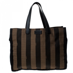 Pre Owned Fendi Tobacco Canvas and Leather Pequin Stripe Tote