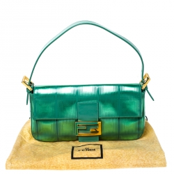 Pre Owned Fendi Green Textured Leather Baguette Shoulder Bag