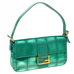 Pre Owned Fendi Green Textured Leather Baguette Shoulder Bag