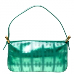 Pre Owned Fendi Green Textured Leather Baguette Shoulder Bag