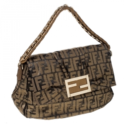 Pre Owned Fendi Brown/Black Zucca Textured Canvas and Leather Mia Flap Shoulder Bag