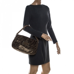 Pre Owned Fendi Brown/Black Zucca Textured Canvas and Leather Mia Flap Shoulder Bag
