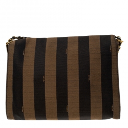 Pre Owned Fendi Tobacco Canvas Large Pequin Stripe Claudia Shoulder Bag