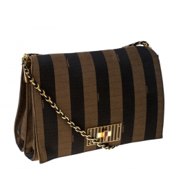 Pre Owned Fendi Tobacco Canvas Large Pequin Stripe Claudia Shoulder Bag