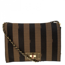 Pre Owned Fendi Tobacco Canvas Large Pequin Stripe Claudia Shoulder Bag