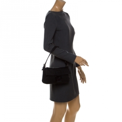 Pre Owned Fendi Black Zucchino Canvas Mama Baguette Shoulder Bag