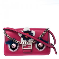 Fendi Magenta Leather and Fur Trim Micro Buggie Baguette Shoulder Bag