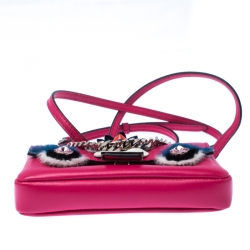 Fendi Magenta Leather and Fur Trim Micro Buggie Baguette Shoulder Bag