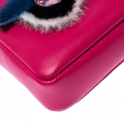 Fendi Magenta Leather and Fur Trim Micro Buggie Baguette Shoulder Bag