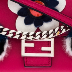 Fendi Magenta Leather and Fur Trim Micro Buggie Baguette Shoulder Bag