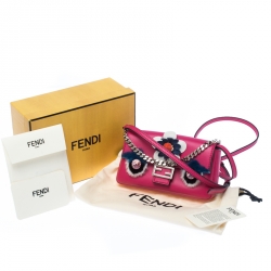 Fendi Magenta Leather and Fur Trim Micro Buggie Baguette Shoulder Bag