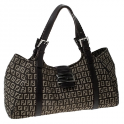 Pre Owned Fendi Brown Zucchino Canvas and Leather Borsa Piccola Shoulder Bag