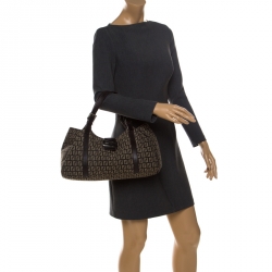 Pre Owned Fendi Brown Zucchino Canvas and Leather Borsa Piccola Shoulder Bag