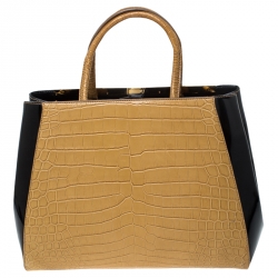 Pre Owned Fendi Yellow/Black Crocodile and Patent Leather 2jours Petite Tote