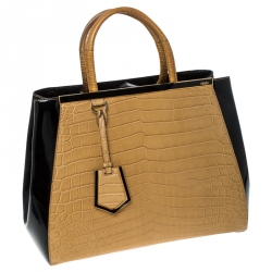 Pre Owned Fendi Yellow/Black Crocodile and Patent Leather 2jours Petite Tote