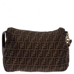 Pre Owned Fendi Tobacco Zucca Canvas Zip Shoulder Bag
