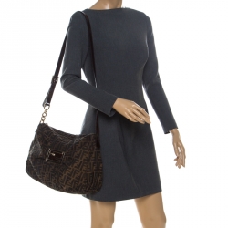 Pre Owned Fendi Tobacco Zucca Canvas Zip Shoulder Bag
