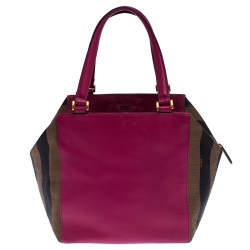 Pre Owned Fendi Tobacco/Magenta Stripe Pequin Canvas and Leather Satchel