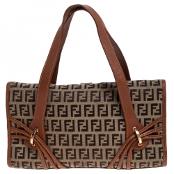 Pre Owned Fendi Beige/Tan Zucchino Canvas and leather Mini Satchel