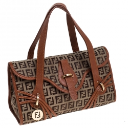 Pre Owned Fendi Beige/Tan Zucchino Canvas and leather Mini Satchel