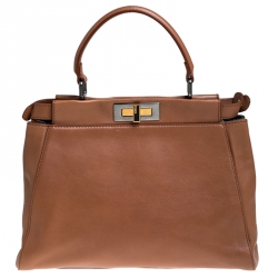 Pre Owned Fendi Light Brown Leather Medium Peekaboo Top Handle Bag