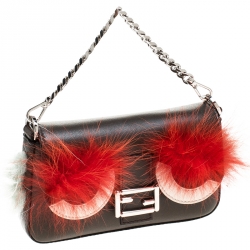 Pre Owned Fendi Dark Grey Leather and Fur Trim Micro Baguette Shoulder Bag
