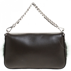 Pre Owned Fendi Dark Grey Leather and Fur Trim Micro Baguette Shoulder Bag