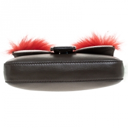 Pre Owned Fendi Dark Grey Leather and Fur Trim Micro Baguette Shoulder Bag
