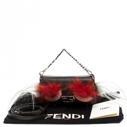 Pre Owned Fendi Dark Grey Leather and Fur Trim Micro Baguette Shoulder Bag