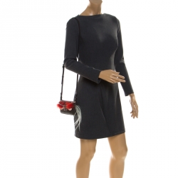 Pre Owned Fendi Dark Grey Leather and Fur Trim Micro Baguette Shoulder Bag