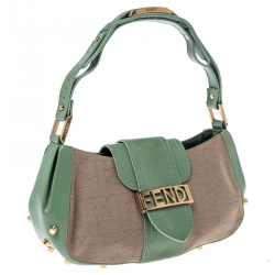 Fendi Beige/Green Zucca Canvas and Leather Baguette Shoulder Bag