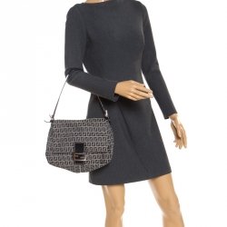 Pre Owned Fendi Navy Blue Zucchino Canvas Mama Forever Shoulder Bag